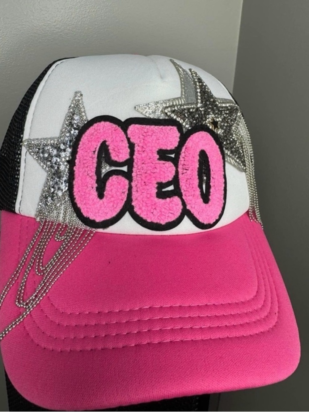 Pink CEO Trucker Hat with Silver Star Embellishments